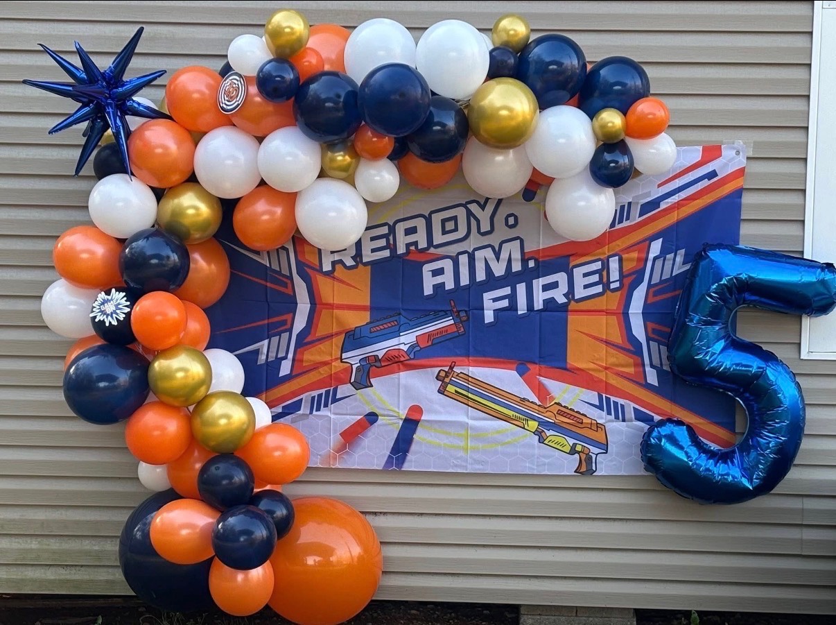Blue orange gold and white balloon birthday display